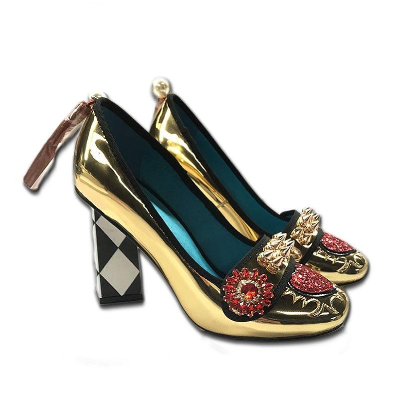 Genuine Leather Gold Chrystal Flower Rivet Shoe