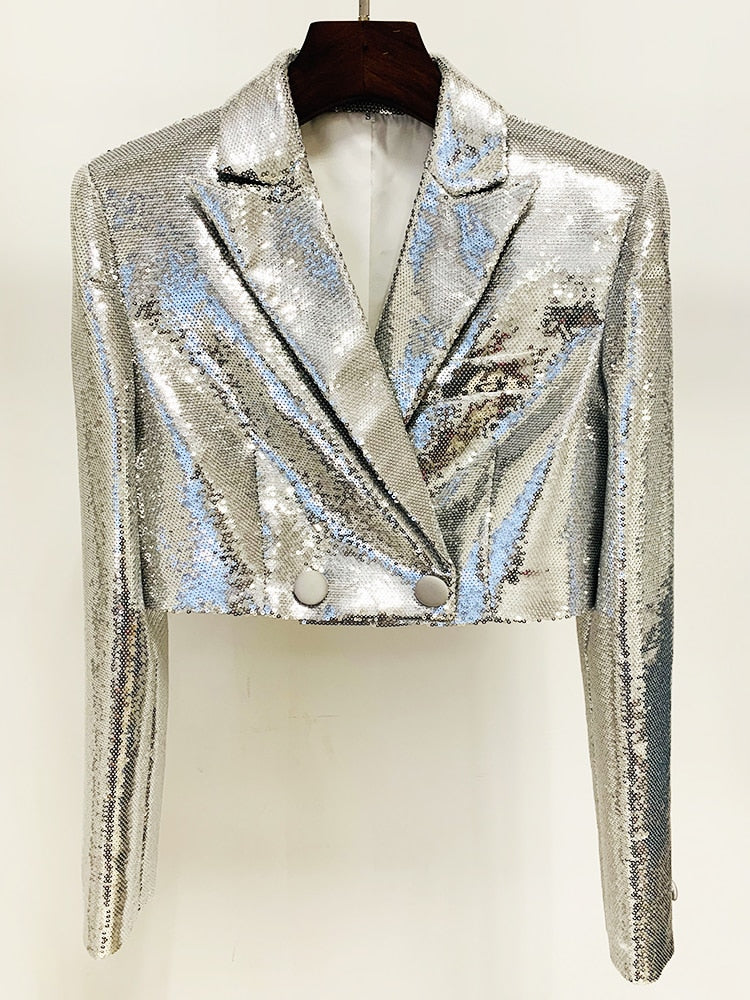 Stylish Designer Suit Glitter Sequin Crop Short Jacket Skirt Suit 2pcs