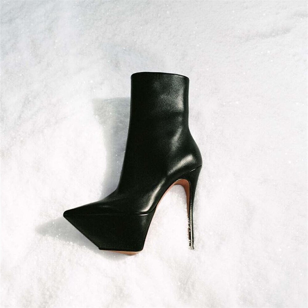 Platform Shiny Leather Side Zip Pointed Toe Ankle Boots