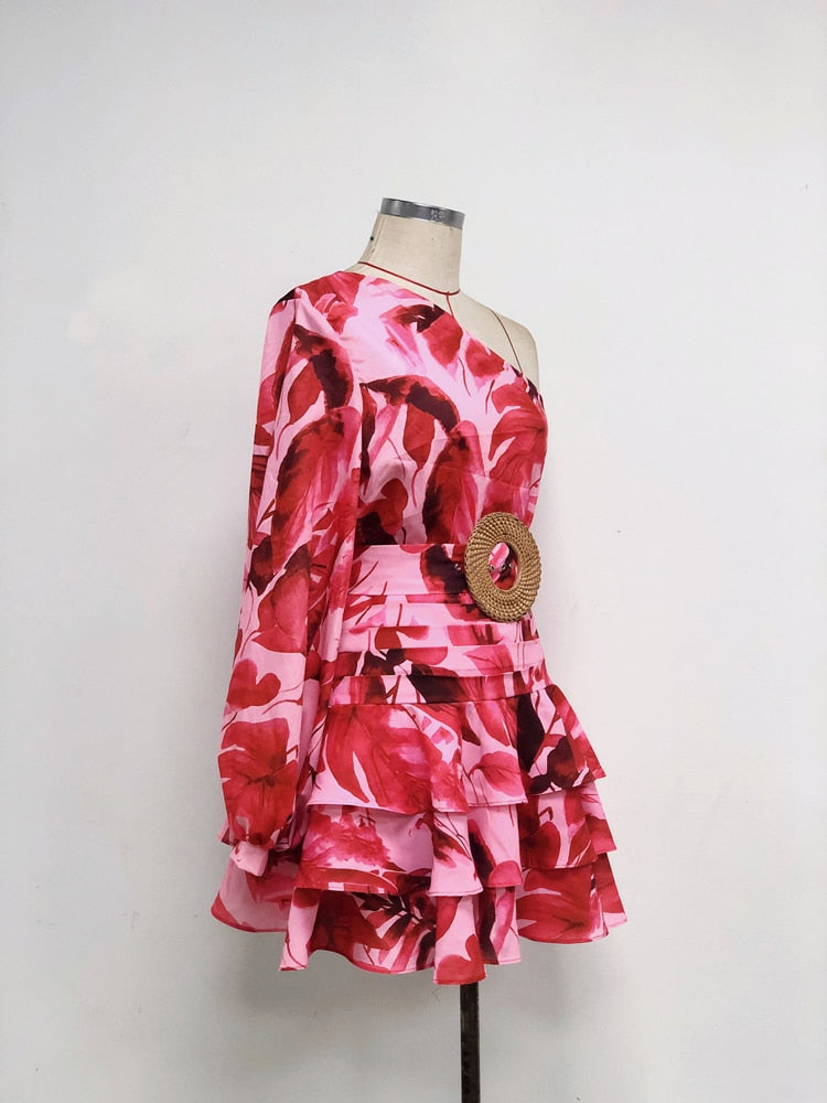 Floral Elegant Slanted Shoulder Belt Printing Slim Dress