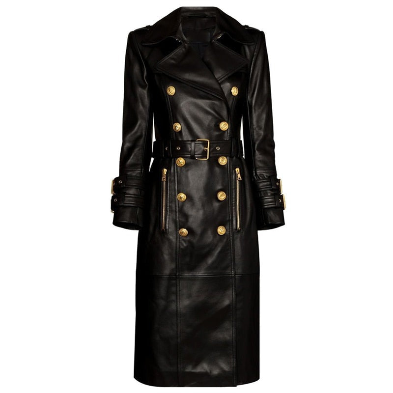 Luxury Design Double Breasted Black PU Leather Long Coats