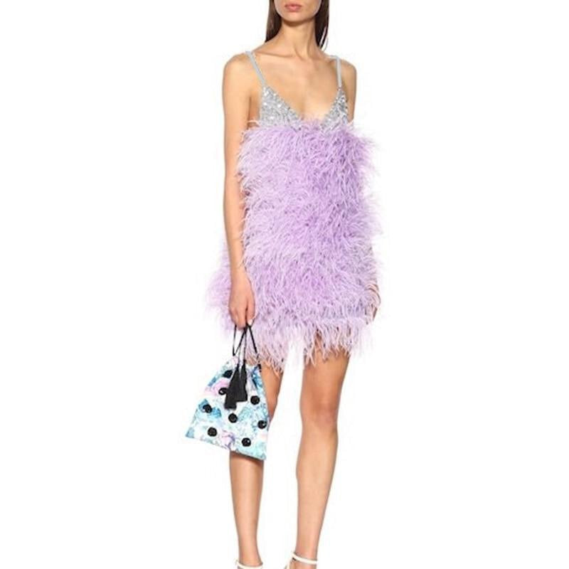 Spaghetti Sequin Feather Dress