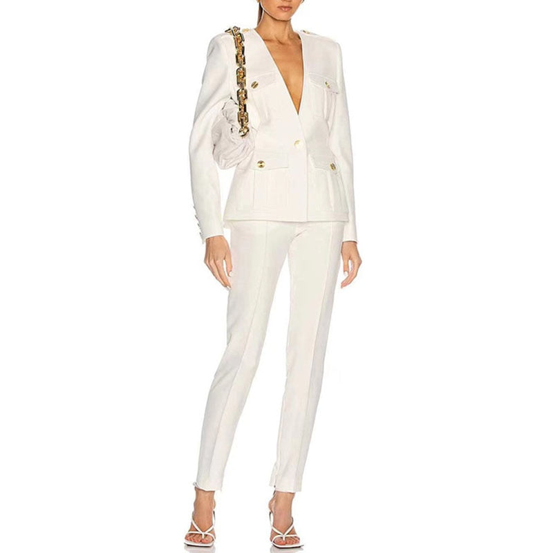 Elegant England Style White Two Pieces Pantsuit