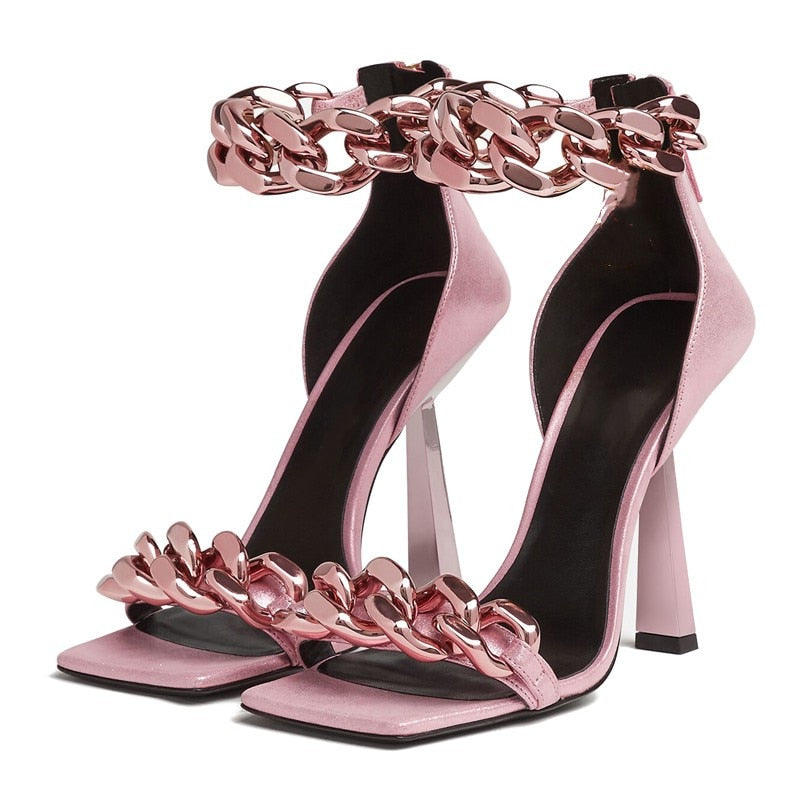 Metal Chain Genuine Leather Square Open Toe Sandal