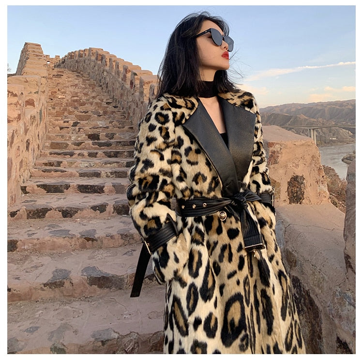 Long Leopard Print Warm Fluffy Faux Fur Trench Coat