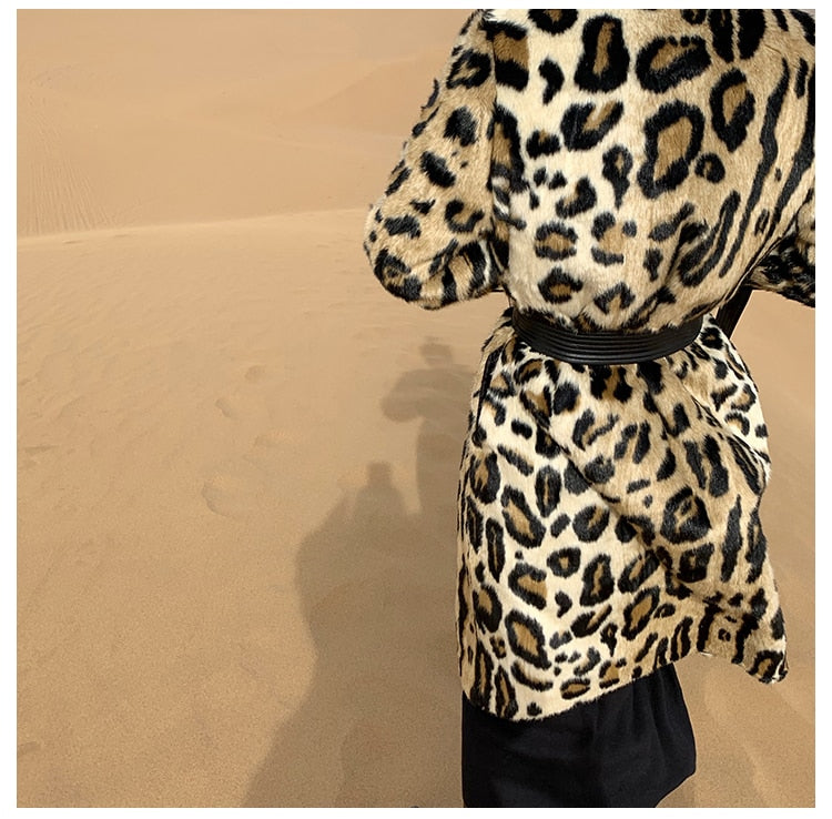 Long Leopard Print Warm Fluffy Faux Fur Trench Coat