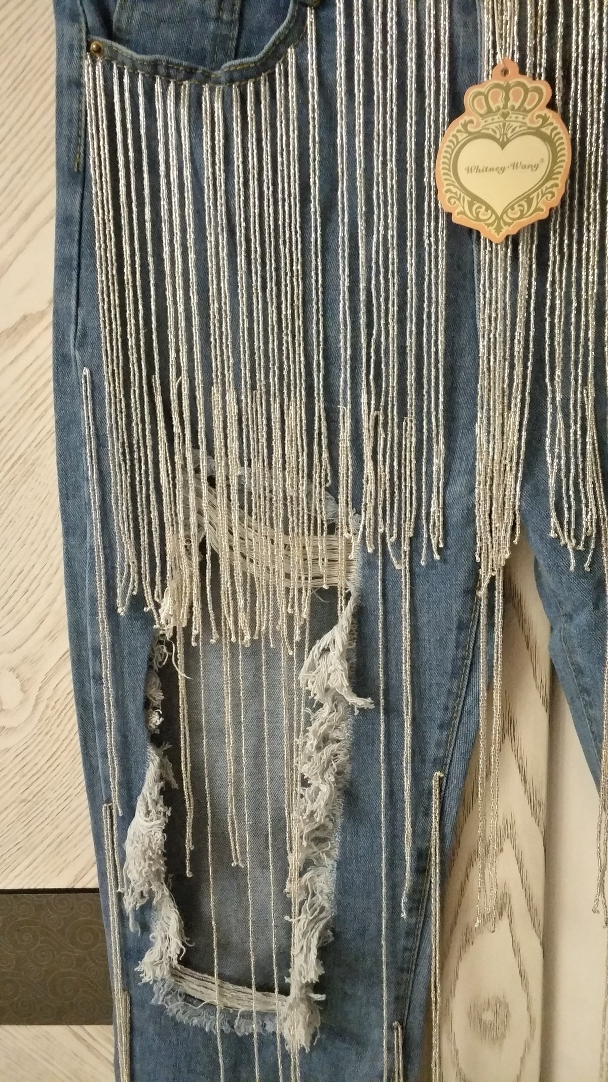 Designer Handmade Beading Tassel Ripped Jeans