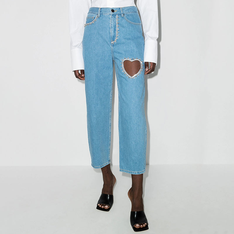 Hollow Out Cotton Denim Light Blue Jeans Ankle-Length